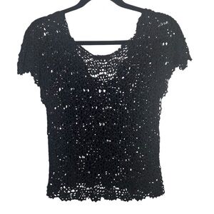 Black Lace Crochet Knit Short Cap Sleeve Top Approx Small